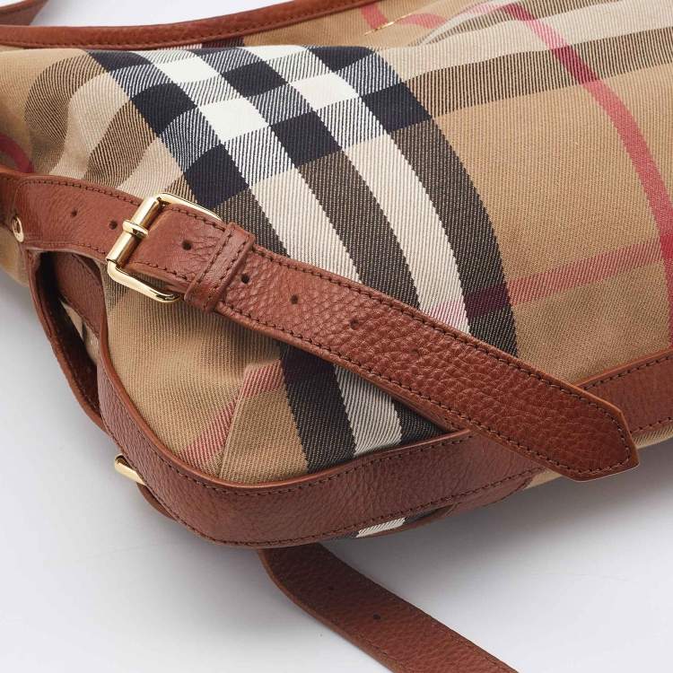 Pre Owned Burberry Beige/Brown House Check Canvas and Leather Hobo