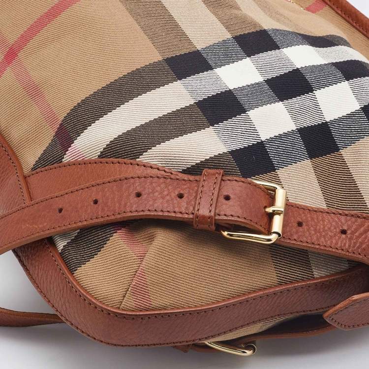Pre Owned Burberry Beige/Brown House Check Canvas and Leather Hobo