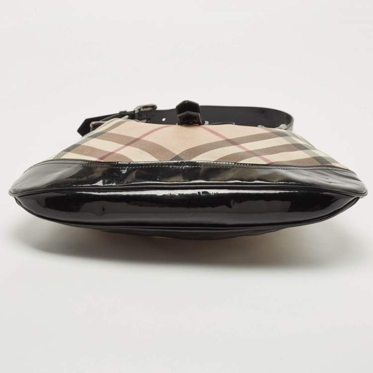 Pre Owned Burberry Black/Beige Nova Check PVC And Patent Leather Brooke Hobo