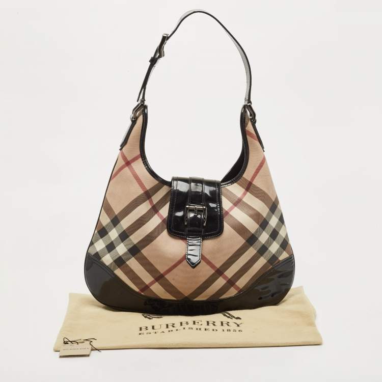 Pre Owned Burberry Black/Beige Nova Check PVC And Patent Leather Brooke Hobo