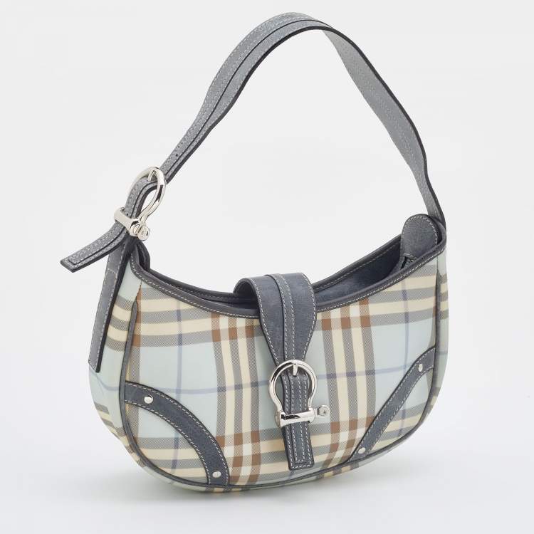 Pre Owned Burberry Blue/Grey Nova Check Coated Canvas and Leather Hobo