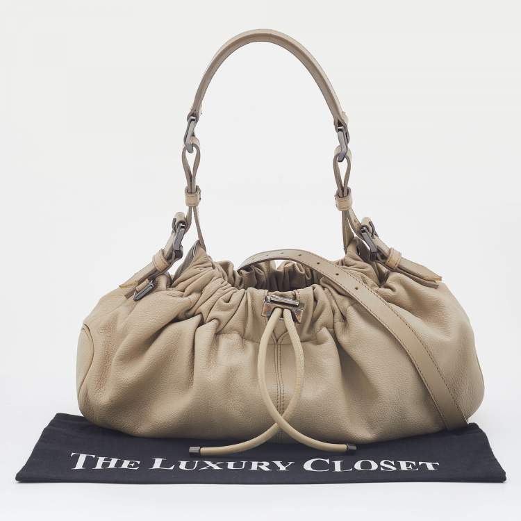 Pre Owned Burberry Cream Leather Drawstring  Hobo