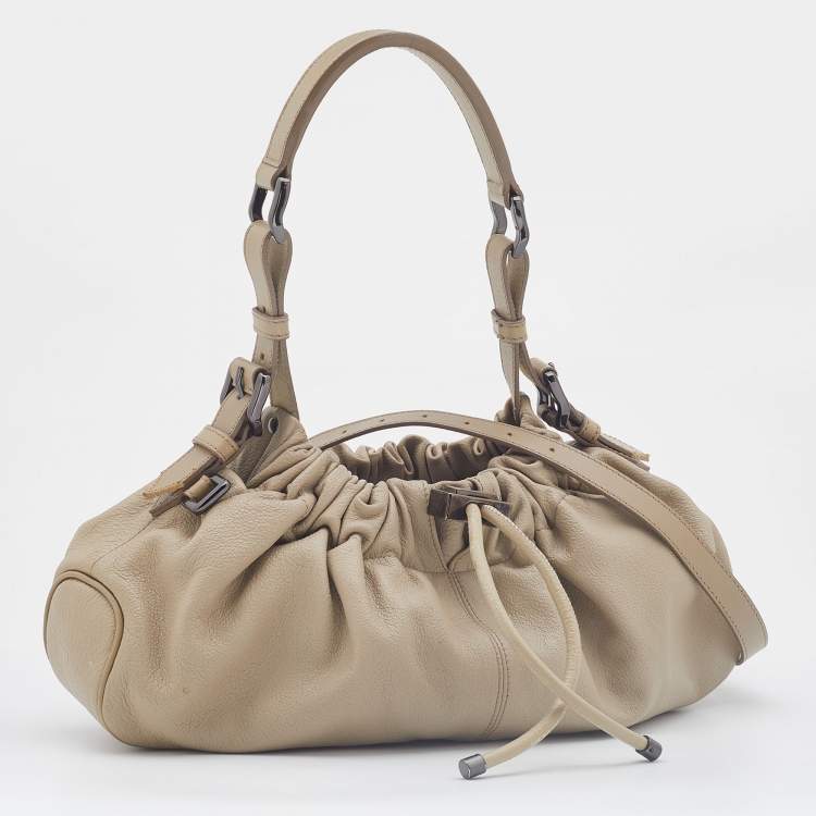 Pre Owned Burberry Cream Leather Drawstring  Hobo