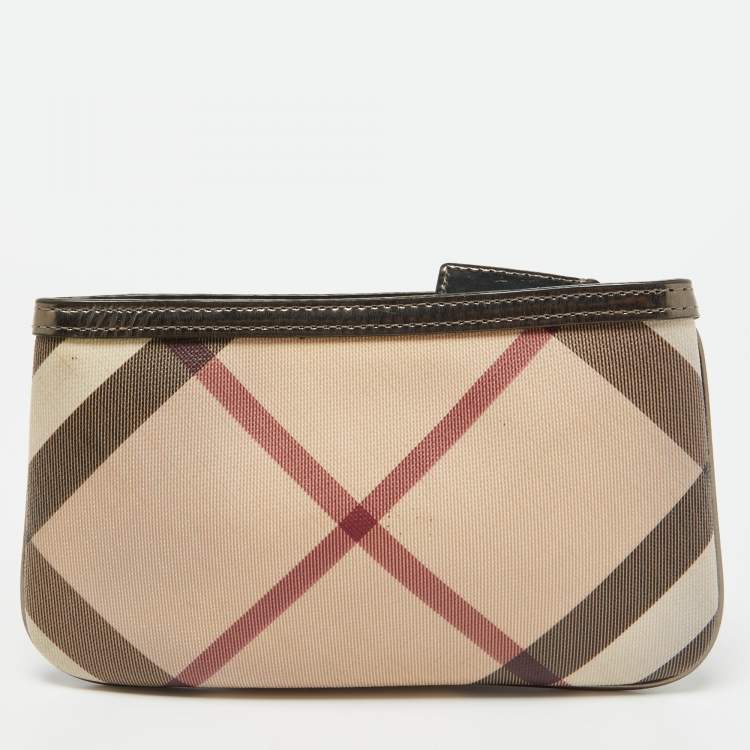 Pre Owned Burberry Beige Nova Check Coated Canvas and Patent Leather Zip Wristlet Clutch