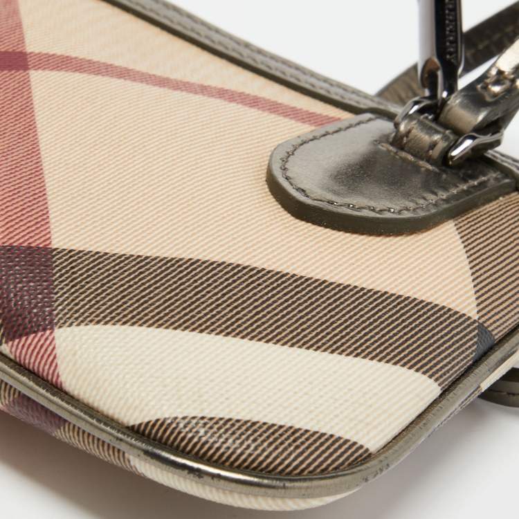 Pre Owned Burberry Beige Nova Check Coated Canvas and Patent Leather Zip Wristlet Clutch