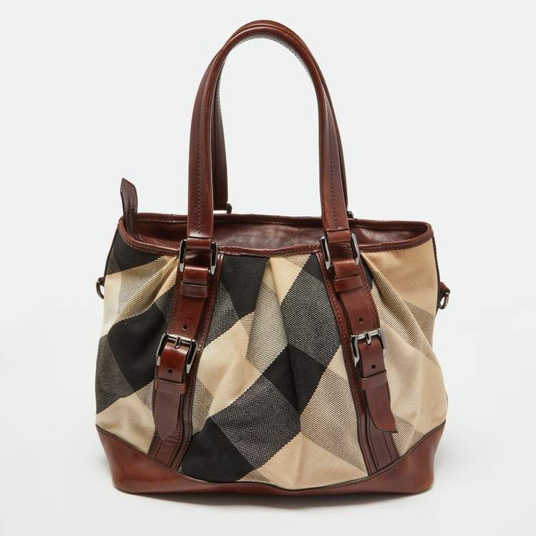 Pre Owned Burberry Beige/Brown Mega Check Canvas and Leather Lowry Tote