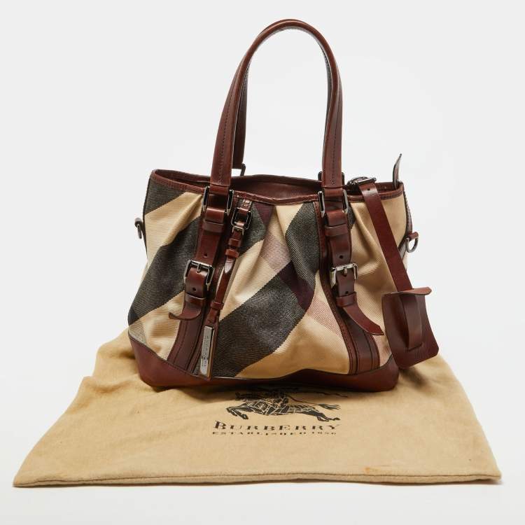Pre Owned Burberry Beige/Brown Mega Check Canvas and Leather Lowry Tote