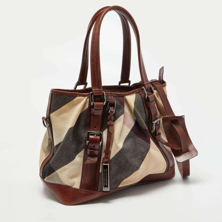 Pre Owned Burberry Beige/Brown Mega Check Canvas and Leather Lowry Tote