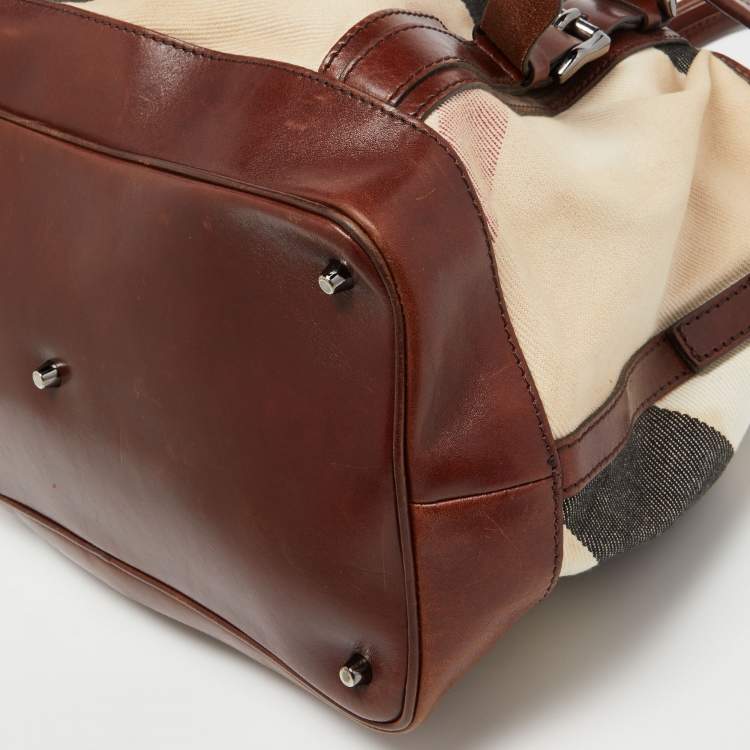 Pre Owned Burberry Beige/Brown Mega Check Canvas and Leather Lowry Tote