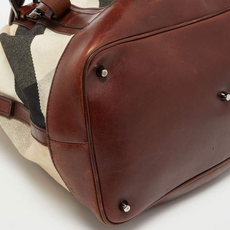 Pre Owned Burberry Beige/Brown Mega Check Canvas and Leather Lowry Tote