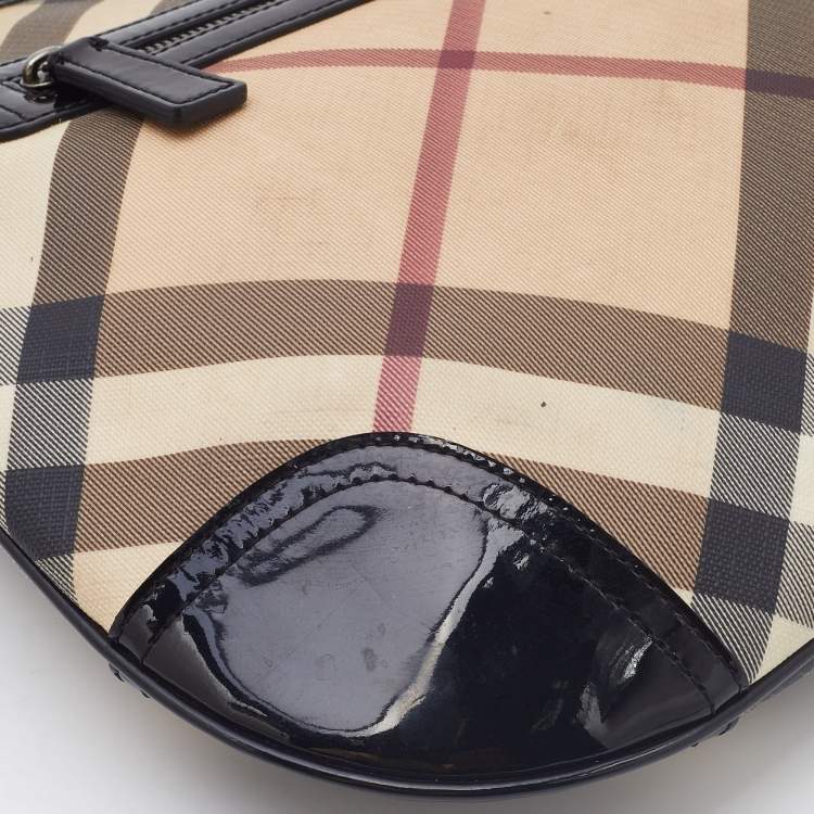 Pre Owned Burberry Beige/Black Supernova Check Coated Canvas and Patent Leather Dryden Crossbody Bag