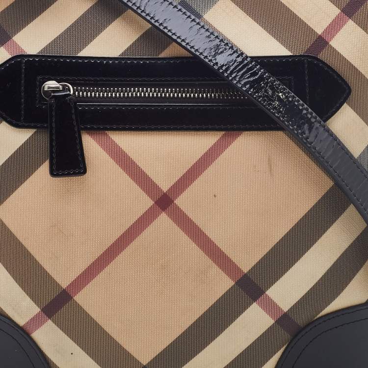 Pre Owned Burberry Beige/Black Supernova Check Coated Canvas and Patent Leather Dryden Crossbody Bag