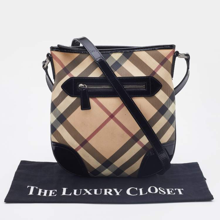 Pre Owned Burberry Beige/Black Supernova Check Coated Canvas and Patent Leather Dryden Crossbody Bag