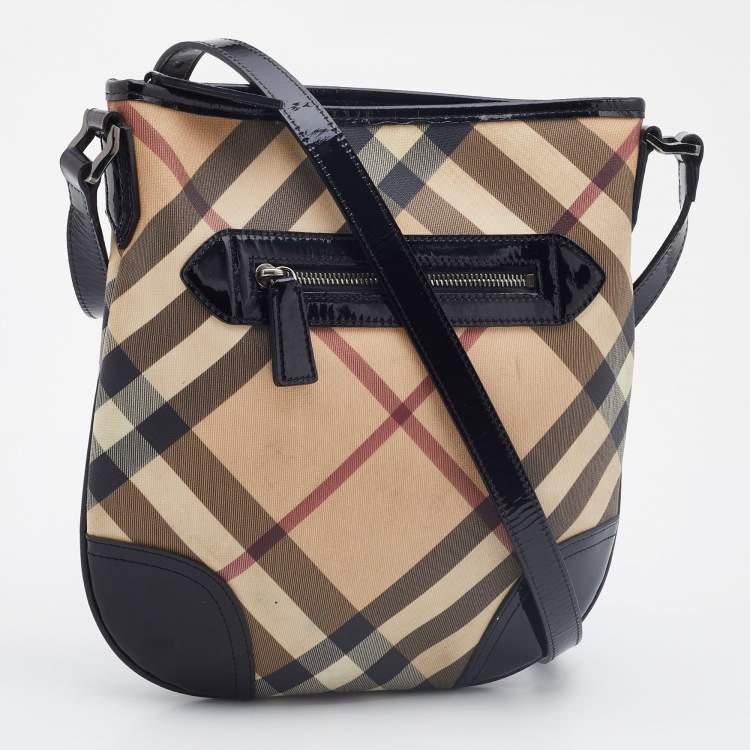 Pre Owned Burberry Beige/Black Supernova Check Coated Canvas and Patent Leather Dryden Crossbody Bag