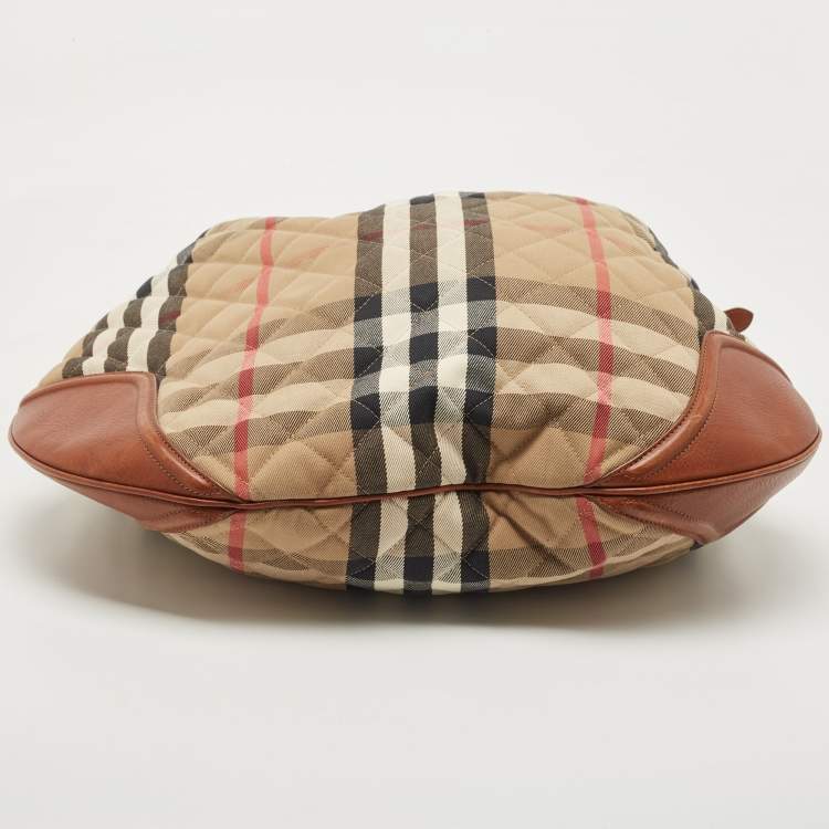 Pre Owned Burberry Brown/Beige House Check Canvas and Leather Large Hoxton Hobo