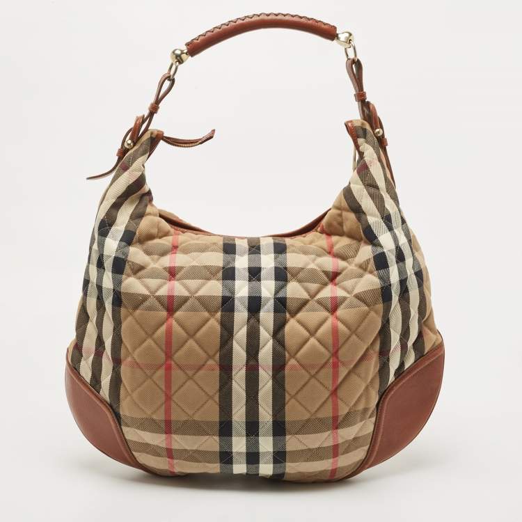 Pre Owned Burberry Brown/Beige House Check Canvas and Leather Large Hoxton Hobo