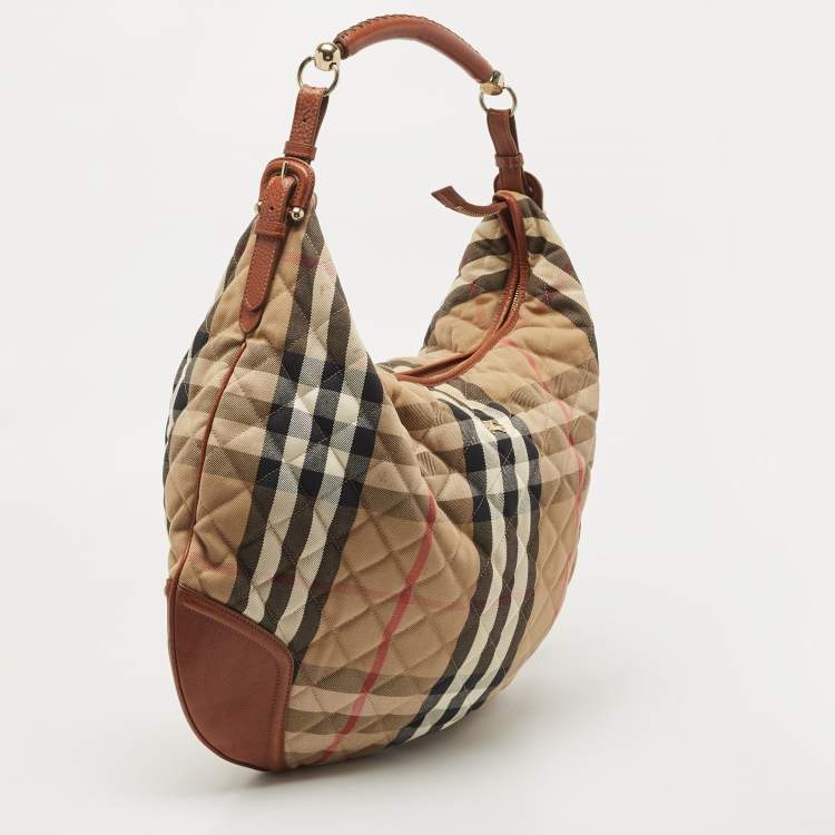 Pre Owned Burberry Brown/Beige House Check Canvas and Leather Large Hoxton Hobo