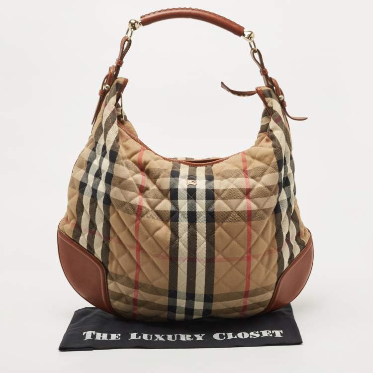 Pre Owned Burberry Brown/Beige House Check Canvas and Leather Large Hoxton Hobo