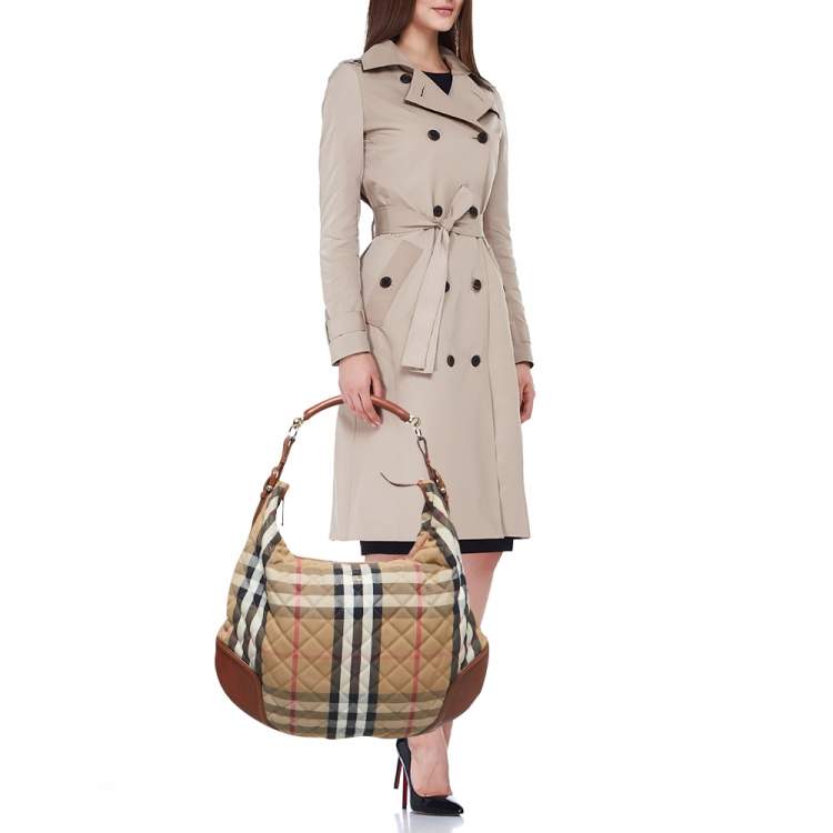 Pre Owned Burberry Brown/Beige House Check Canvas and Leather Large Hoxton Hobo