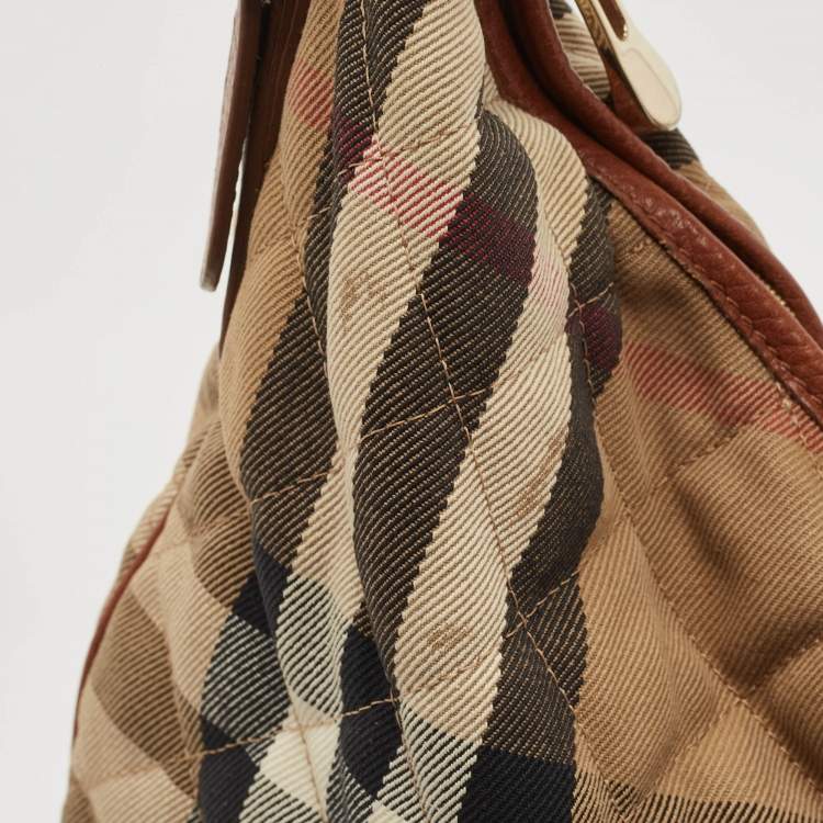 Pre Owned Burberry Brown/Beige House Check Canvas and Leather Large Hoxton Hobo
