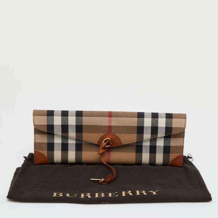 Pre Owned Burberry Beige House Check Canvas and Leather Clutch