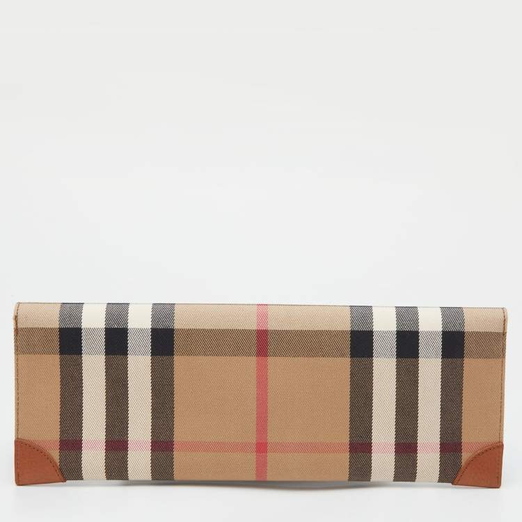 Pre Owned Burberry Beige House Check Canvas and Leather Clutch