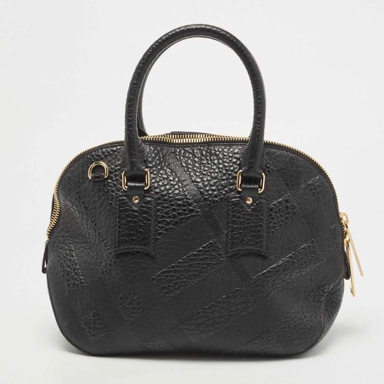 Pre Owned Burberry Black Heritage Check Embossed Leather Small Orchard Bowler Bag