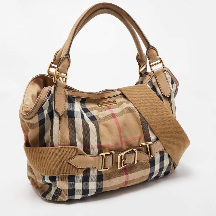 Pre Owned Burberry Beige House Check Canvas and Leather Large Parsons Hobo
