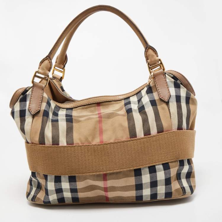 Pre Owned Burberry Beige House Check Canvas and Leather Large Parsons Hobo