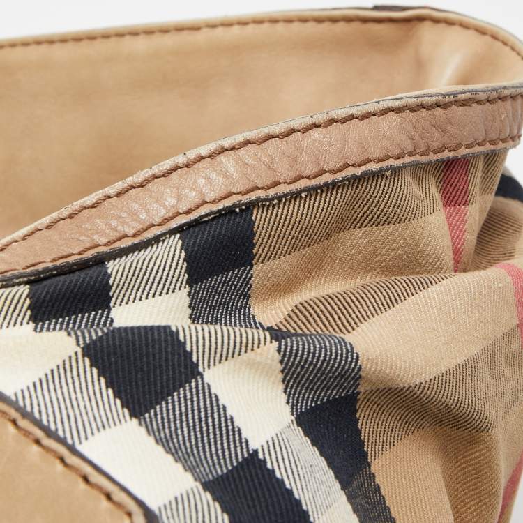 Pre Owned Burberry Beige House Check Canvas and Leather Large Parsons Hobo