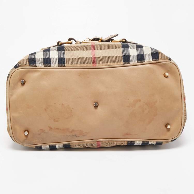 Pre Owned Burberry Beige House Check Canvas and Leather Large Parsons Hobo