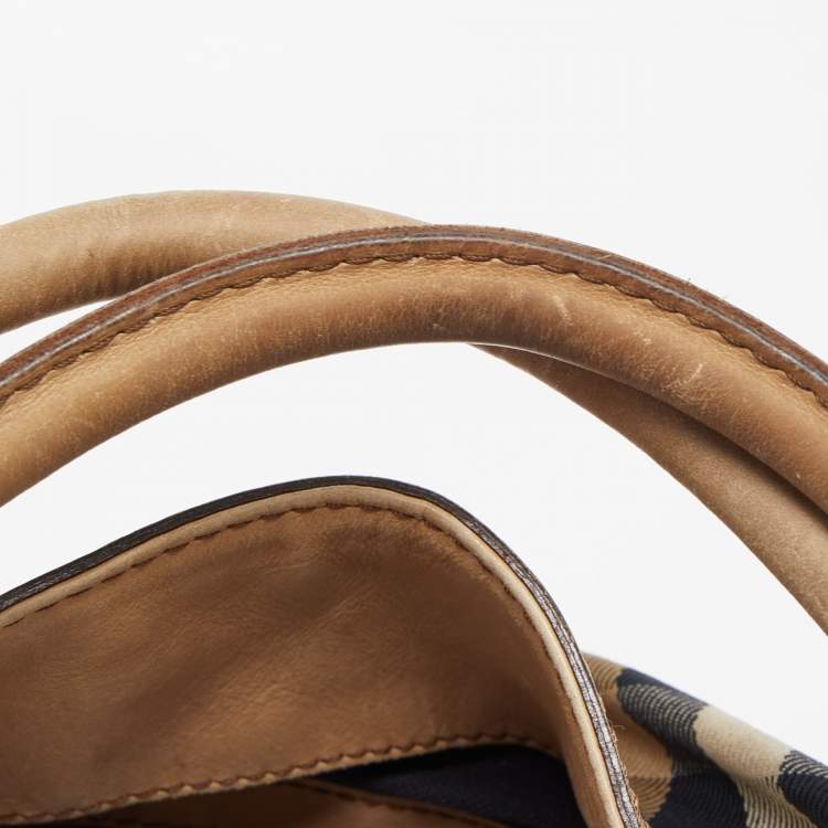 Pre Owned Burberry Beige House Check Canvas and Leather Large Parsons Hobo
