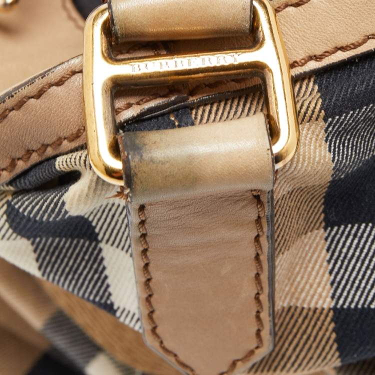 Pre Owned Burberry Beige House Check Canvas and Leather Large Parsons Hobo
