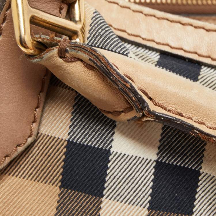 Pre Owned Burberry Beige House Check Canvas and Leather Large Parsons Hobo