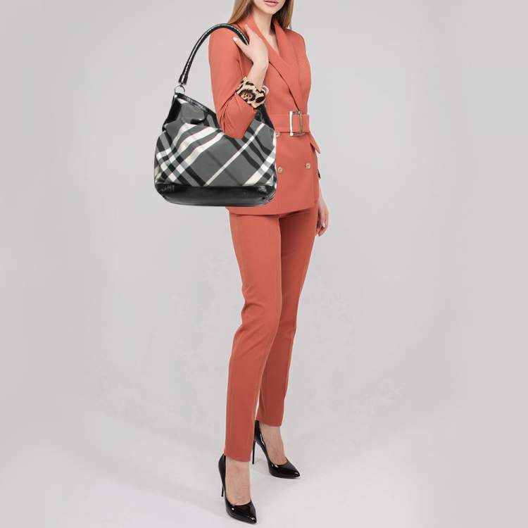 Pre Owned Burberry Black Beat Check Nylon and Patent Leather Hobo