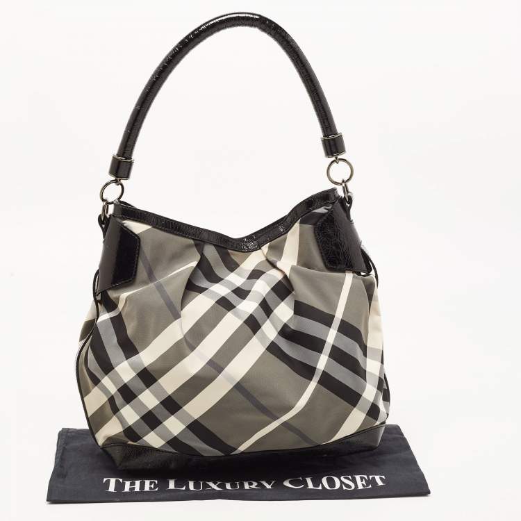 Pre Owned Burberry Black Beat Check Nylon and Patent Leather Hobo