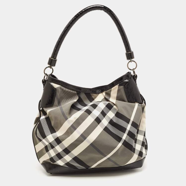 Pre Owned Burberry Black Beat Check Nylon and Patent Leather Hobo