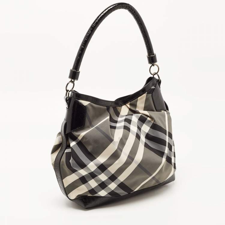 Pre Owned Burberry Black Beat Check Nylon and Patent Leather Hobo
