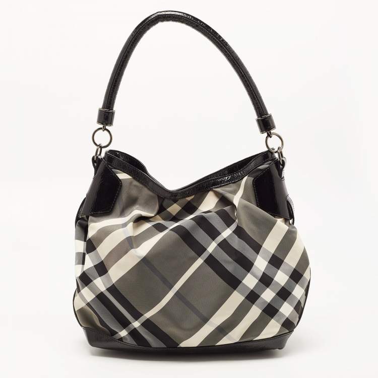 Pre Owned Burberry Black Beat Check Nylon and Patent Leather Hobo