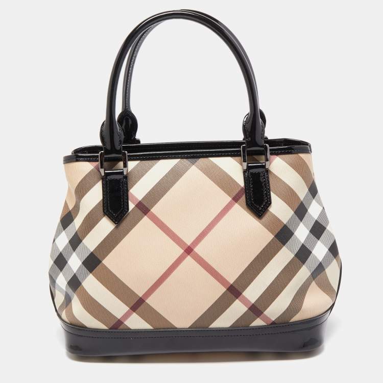 Pre Owned Burberry Black/Beige Nova Check PVC and Patent Leather Eden Tote