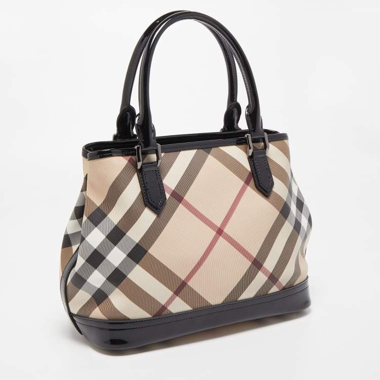 Pre Owned Burberry Black/Beige Nova Check PVC and Patent Leather Eden Tote