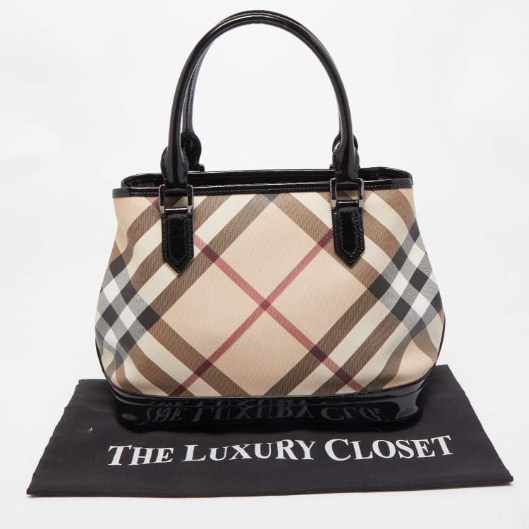 Pre Owned Burberry Black/Beige Nova Check PVC and Patent Leather Eden Tote
