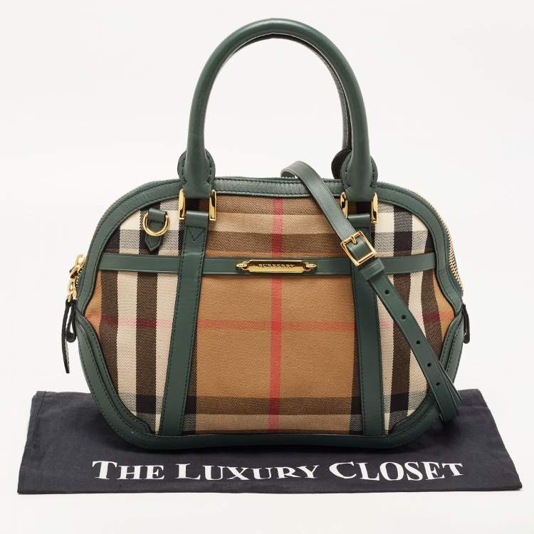 Pre Owned Burberry Green/Beige House Check Fabric and Leather Orchard Bowler Bag