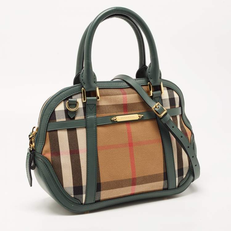 Pre Owned Burberry Green/Beige House Check Fabric and Leather Orchard Bowler Bag