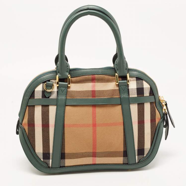 Pre Owned Burberry Green/Beige House Check Fabric and Leather Orchard Bowler Bag