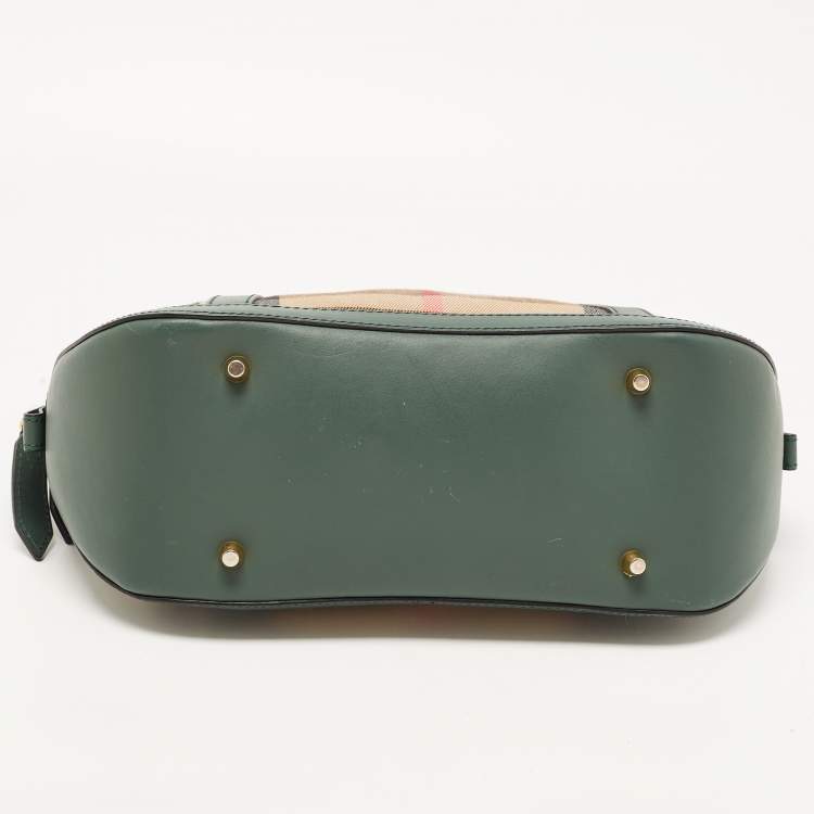 Pre Owned Burberry Green/Beige House Check Fabric and Leather Orchard Bowler Bag