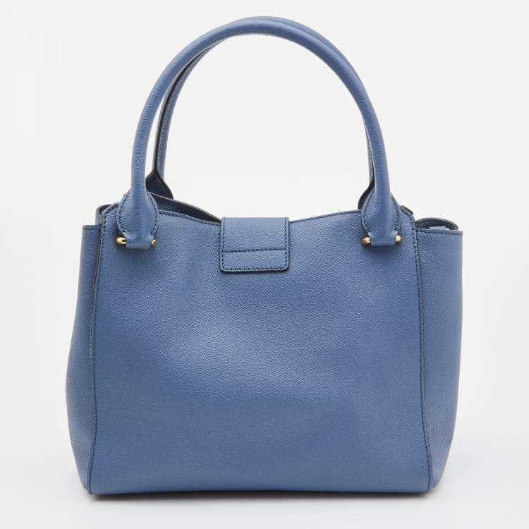 Pre Owned Burberry Blue Leather Medium Buckle Tote