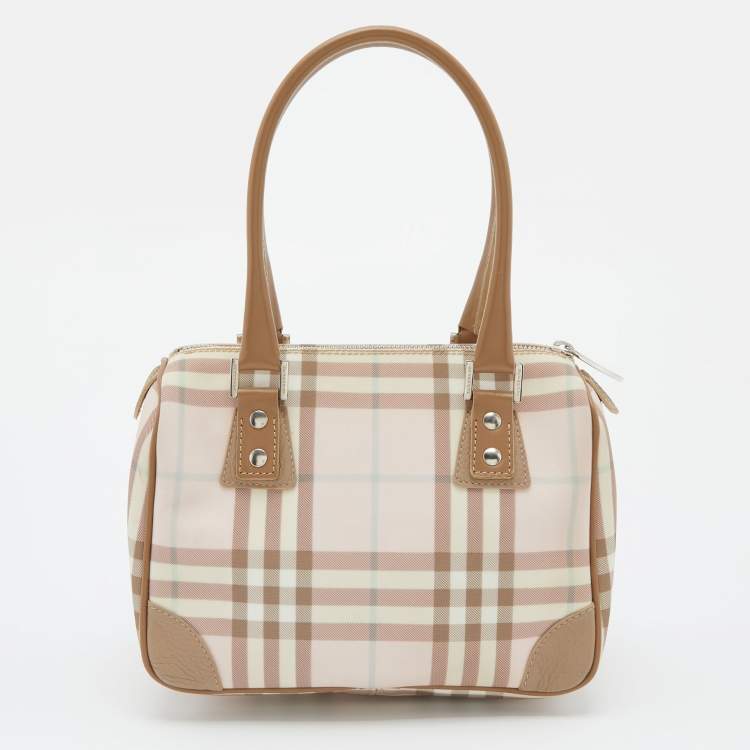 Pre Owned Burberry Pink/Beige House Check PVC and Leather Small Boston Bag