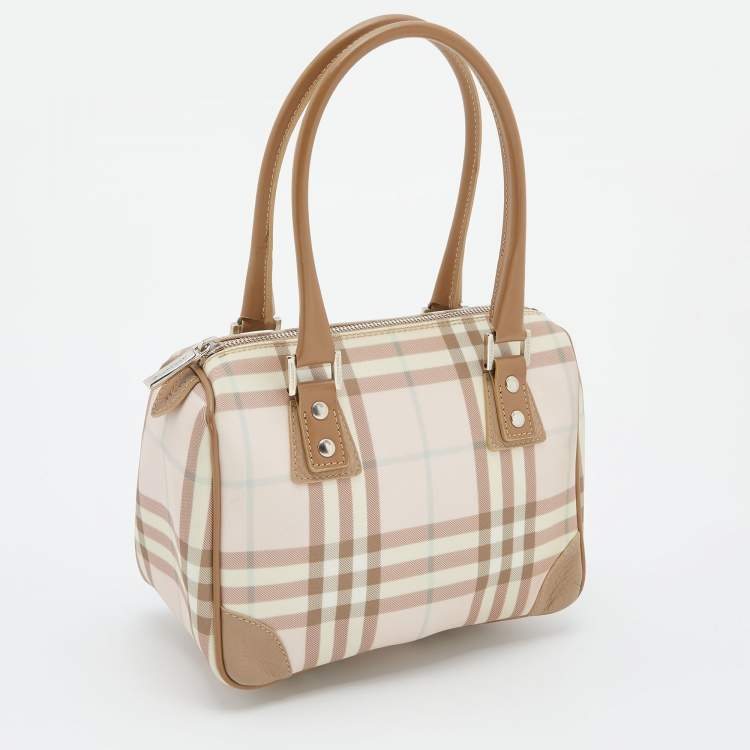 Pre Owned Burberry Pink/Beige House Check PVC and Leather Small Boston Bag
