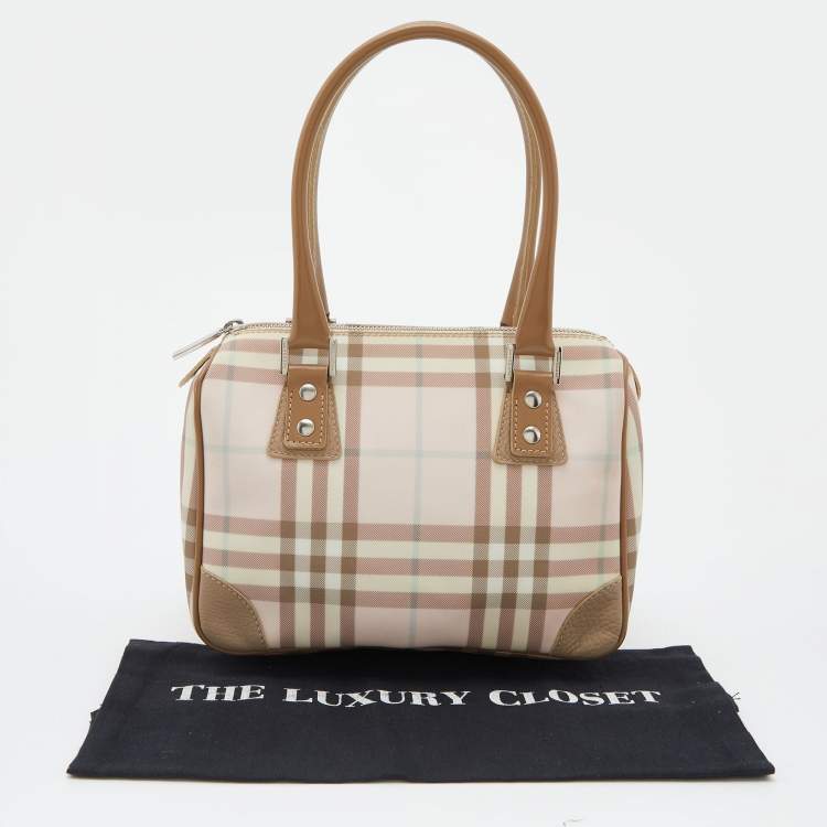 Pre Owned Burberry Pink/Beige House Check PVC and Leather Small Boston Bag